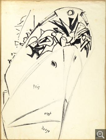 Reynold ARNOULD (1919-1980), Etude pour la figure de proue du pétrolier Bollsta, vers 1965, feutres sur papier. Collection Rot-Vatin. © Droits réservés