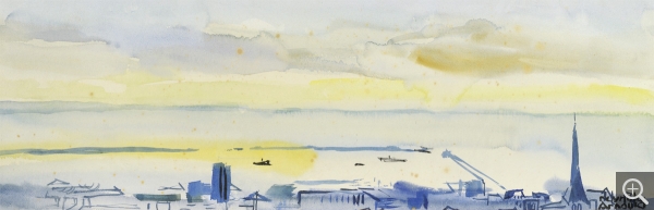 Reynold ARNOULD (1919-1980), Sans titre (Le port du Havre depuis la côte), vers 1953, aquarelle, 20 x 61 cm. Collection Rot-Vatin. © cliché S. Nagy