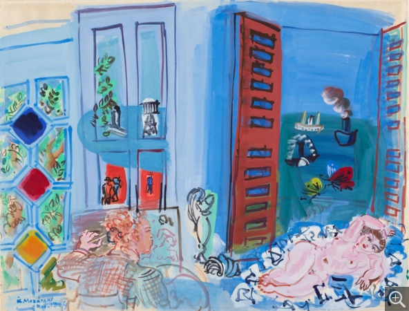 Raoul DUFY (1877-1953), L’Artiste et son modèle dans l’atelier du Havre, 1936, aquarelle et gouache sur papier, 51 × 65 cm. La Haye, collection Gemeentemuseum Den Haag. © Gemeentemuseum Den Haag © ADAGP, Paris 2019