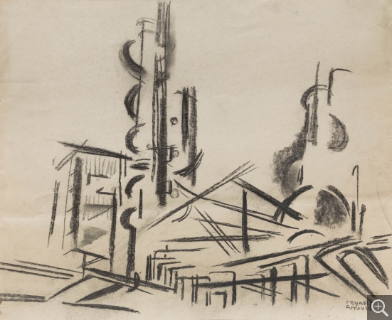 Reynold ARNOULD (1919-1980), Esso, traitement des gaz à Port-Jérôme, vers 1958-1959, fusain sur papier vélin gris, 48 x 58,8 cm. Le Havre, musée d’art moderne André Malraux, don Marthe Arnould, 1981. © 2015 MuMa Le Havre / Charles Maslard