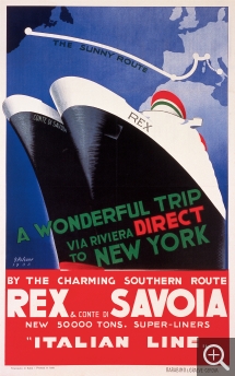 Giovanni PATRONE, Rex & Conte di Savoia - affiche publicitaire pour la compagnie Italian Line , 1932, Gêne - Barabino & Graeve - lithographie en couleurs, 99 x 61,5 cm. collection Alessandro Bellenda - Alassio ©Collection Alessandro Bellenda - Alassio