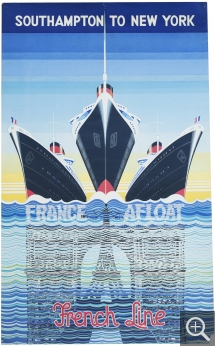 Kay STEWART, Southampton to New York. France Afloat - affiche publicitaire de la Compagnie générale transatlantique, vers 1938, lithographie en couleurs, 115 x 77 cm. Collection EPCC French Lines & Compagnies - patrimoine maritime et portuaire. © Collection French Lines & Compagnies