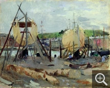 Berthe MORISOT, Bateaux en construction, 1874, huile sur toile, 32 x 41 cm. Legs Annie Rouart. © Musée Marmottan Monet, Paris