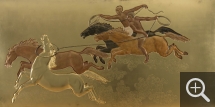 Jean DUNAND, La Conquête du cheval - Quatre chevaux sauvages sans cavalier, vers 1935, panneaux de laque décoratifs reprenant en version réduite un motif du décor du fumoir de la 1ère classe du paquebot Normandie, 80 x 170 cm. Le Havre - musée d'art moderne André Malraux ©MuMa Le Havre / Charles Maslard