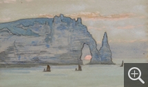 Jean Francis AUBURTIN (1866-1930), Aiguille d’Etretat au soleil couchant, gouache et fusain sur papier, 38 x 64 cm. . © MuMa Le Havre / Jean-Louis Coquerel