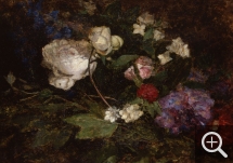 Eugène BOUDIN (1824-1898), Nature morte aux pivoines et seringa, 1856-1862, huile sur toile marouflée sur carton, 38,5 x 54 cm. © MuMa Le Havre / Florian Kleinefenn