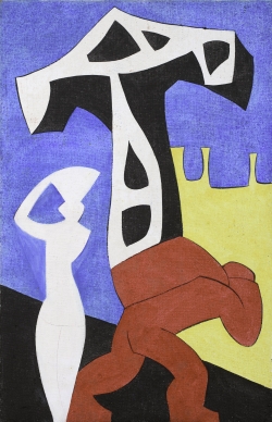 Hassan Massoudy, Dockers, vers 1973-1974, huile sur toile, 99 x 64 cm. Le Havre - musée d’art moderne André Malraux - don de l’artiste - 2024. © MuMa Le Havre / François Dugué