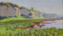 Charles LACOSTE (1870-1959), Paysage : rivière et falaise, 1919, huile sur carton, 19 x 33,1 cm. Le Havre - musée d’art moderne André Malraux - collection Olivier Senn - donation Hélène Senn-Foulds - 2009. ©MuMa Le Havre/Laurent Lachèvre