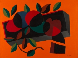 Léon GISCHIA (1903-1991), Feuilles et fruits sur fond orange, 1949, huile sur toile, 53,8 x 73,2 cm. Le Havre, musée d’art moderne André Malraux, achat de la Ville, 1953. © MuMa Le Havre / Charles Maslard © Adagp, Paris 2019