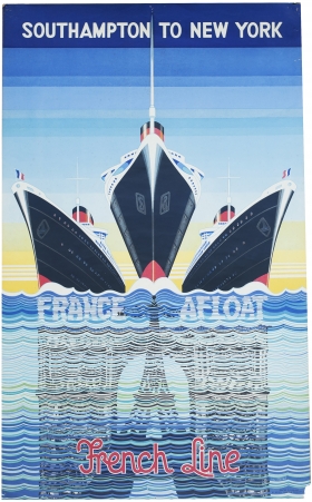 Kay STEWART, Southampton to New York. France Afloat - affiche publicitaire de la Compagnie générale transatlantique, vers 1938, lithographie en couleurs, 115 x 77 cm. Collection EPCC French Lines & Compagnies - patrimoine maritime et portuaire. © Collection French Lines & Compagnies